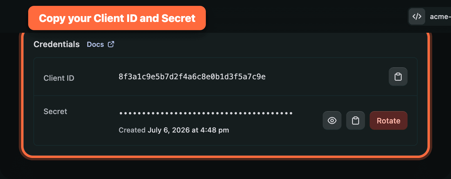 The Credentials card showing the Client ID and the hidden Secret, with reveal, copy, and Rotate buttons.
