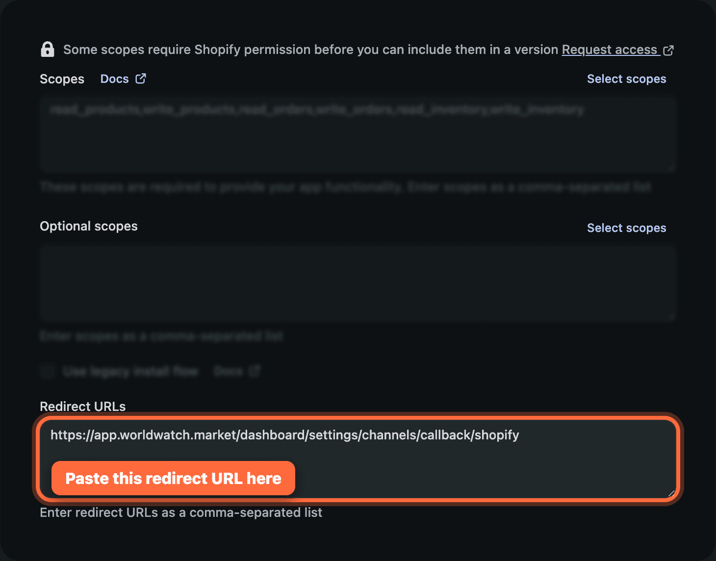 The Redirect URLs field with the Worldwatch callback URL pasted in.